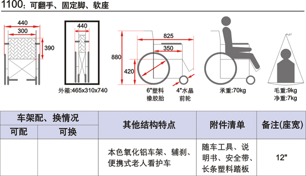 魚躍輪椅車 1100型 技術(shù)參數(shù)